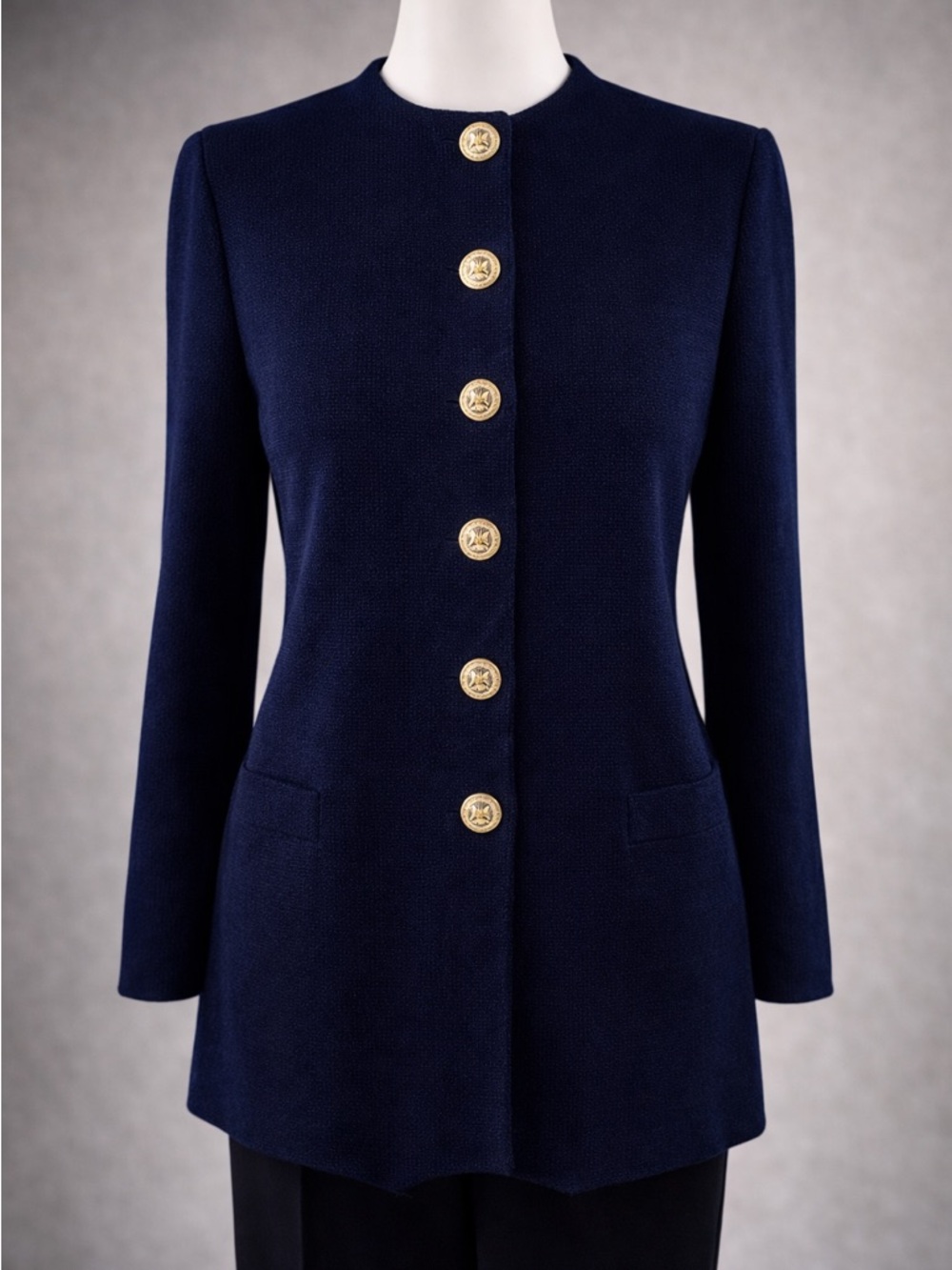 St John Marie Gray Santana Knit Navy Jacket Gold Crest Buttons P